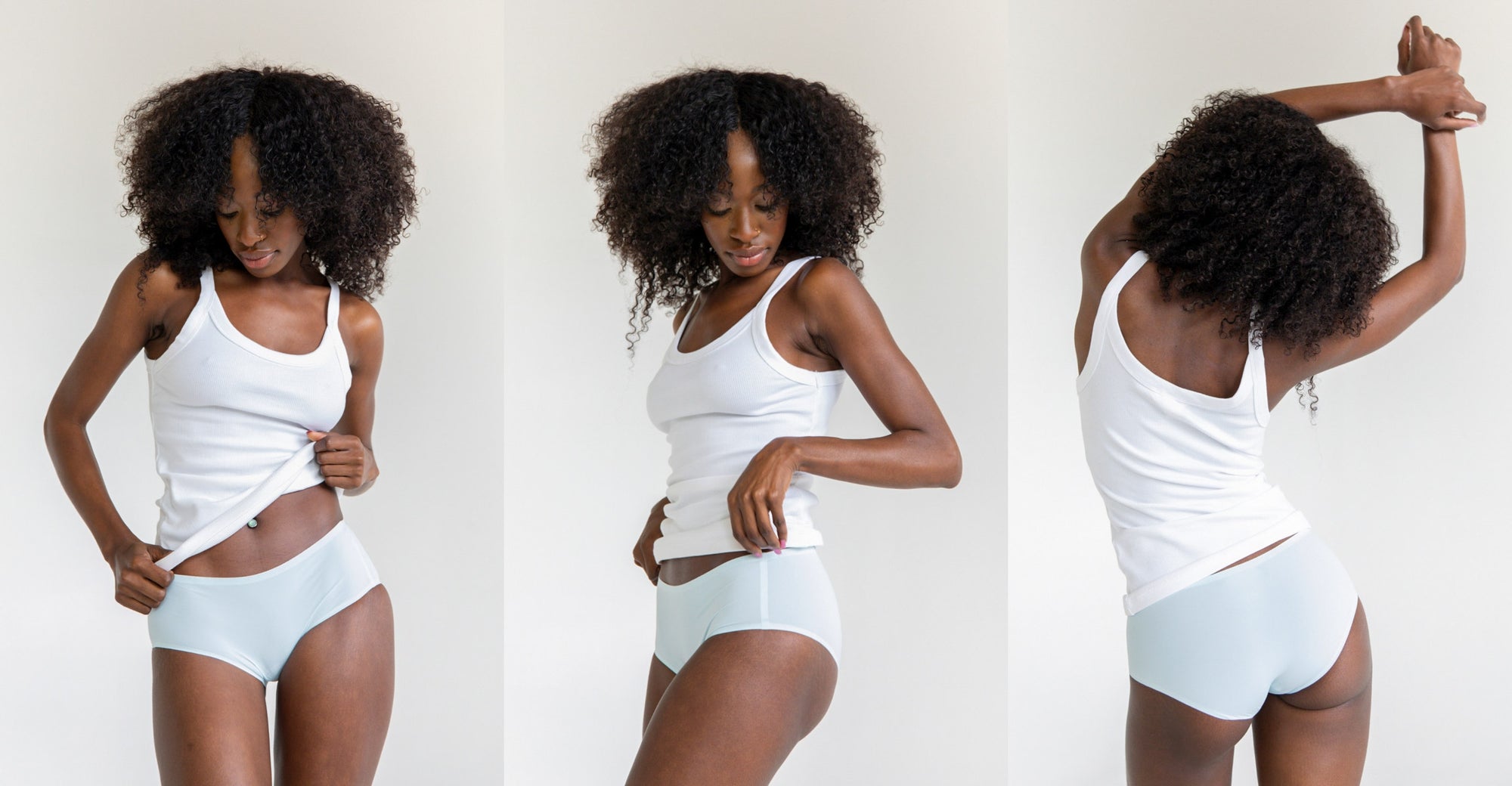 Three panel view of a woman wearing a white tank top and light blue comfortable seamless underwear that doesn't ride up or cause wedgies
